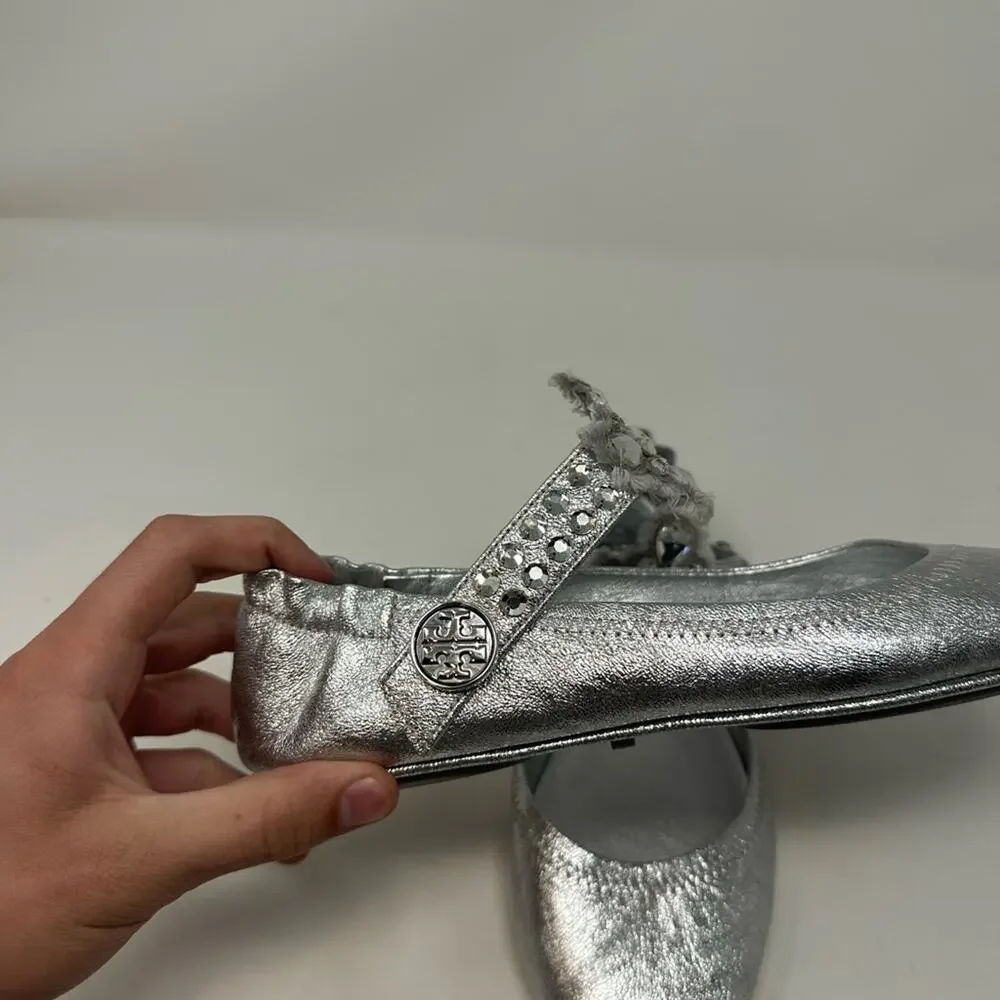 TORY BURCH Minnie Crystal Embellished Two Way Ballet Flat Silver Size 7.5